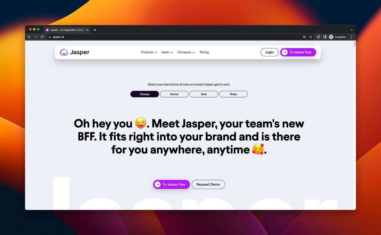 a screenshot of the landing page of Jasper, AI tool for e-commerce